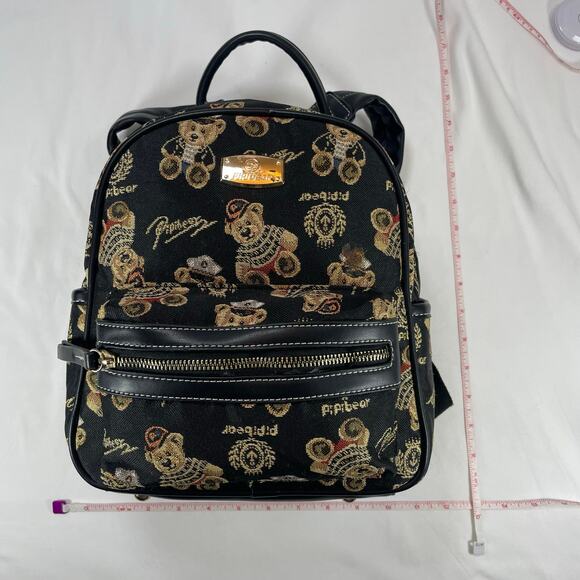 Pipibear Teddy Bear Tapestry Mini Backpack Black Gold Vintage Style Women’s